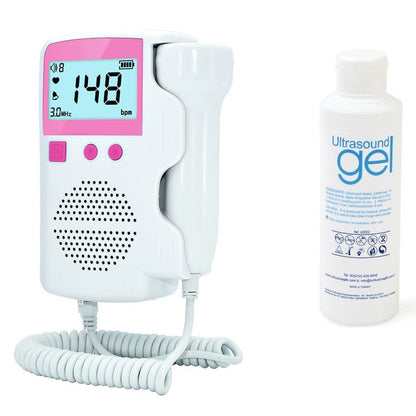 Monitor fetal Doppler, Invincio, pentru monitorizare functii vitale fat intrauterin, gel ultrasunete inclus, Zero radiatii, detectarea batailor inimii/pulsului fatului, pentru gravide, portabil, alb/roz