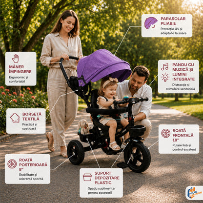 Tricicleta Copii Invincio Micul Campion Explorer, Scaun Reversibil 360°, Lumini si Muzica, Copertina anti ploaie si soare UV Extensibila si detasabila, Maner Parental, Roti EVA confort silentioase, Cos Depozitare, Bara Protectie, 2-5 Ani, Max. 35 Kg, Mov