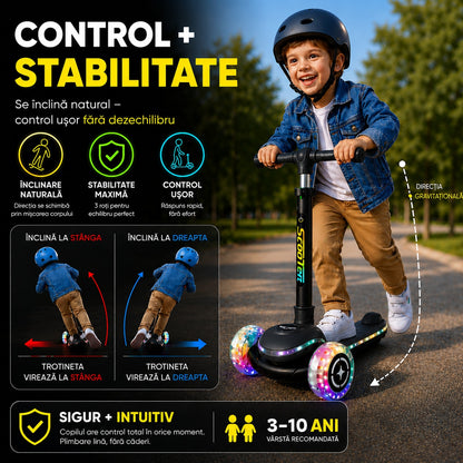 Trotineta Premium 3 Roti Copii Invincio® Happy, Sistem de Iluminat LED Multi-Color, Roti Silentioase cu Rulmenti ABEC-7, Ghidon Reglabil, Design Ergonomic, 3-10 Ani, Negru Carbon