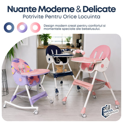 Scaun de Masa Bebelusi INVINCIO Care, Pliabil, 6 Luni +, Stabil si Multifunctional, Spatar si Inaltime Reglabile, Centura Siguranta 5 Puncte, Tavita si Husa Detasabile Lavabile, Roti, Balansoar, Cos Depozitare, Picioare Antiderapante, Roz