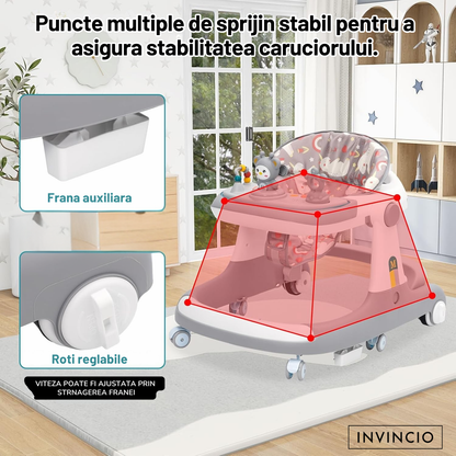 Premergator Invincio BabySteps 3 in 1, 6-24 luni, Multifunctional cu Protectie Anti-Rasturnare, Roti cu Frana, Masuta Detasabila, Centru Activitati Muzical – Pentru Baieti si Fetite, greutate maxima 30kg, gri