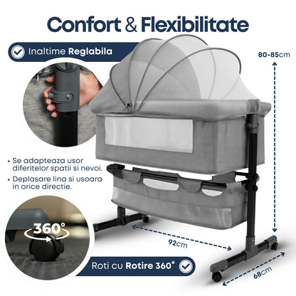 Pat nou-nascut Invincio Dream, Patut bebelus pliabil si portabil, Functie Co-Sleeper si Leganare, Saltea si plasa anti-tantari incluse, Inaltime Reglabila 2 Pozitii si inclinare anti-reflux, Cos Depozitare, Roti cu Blocare, 95×60×80cm, Pana la 15kg, Gri