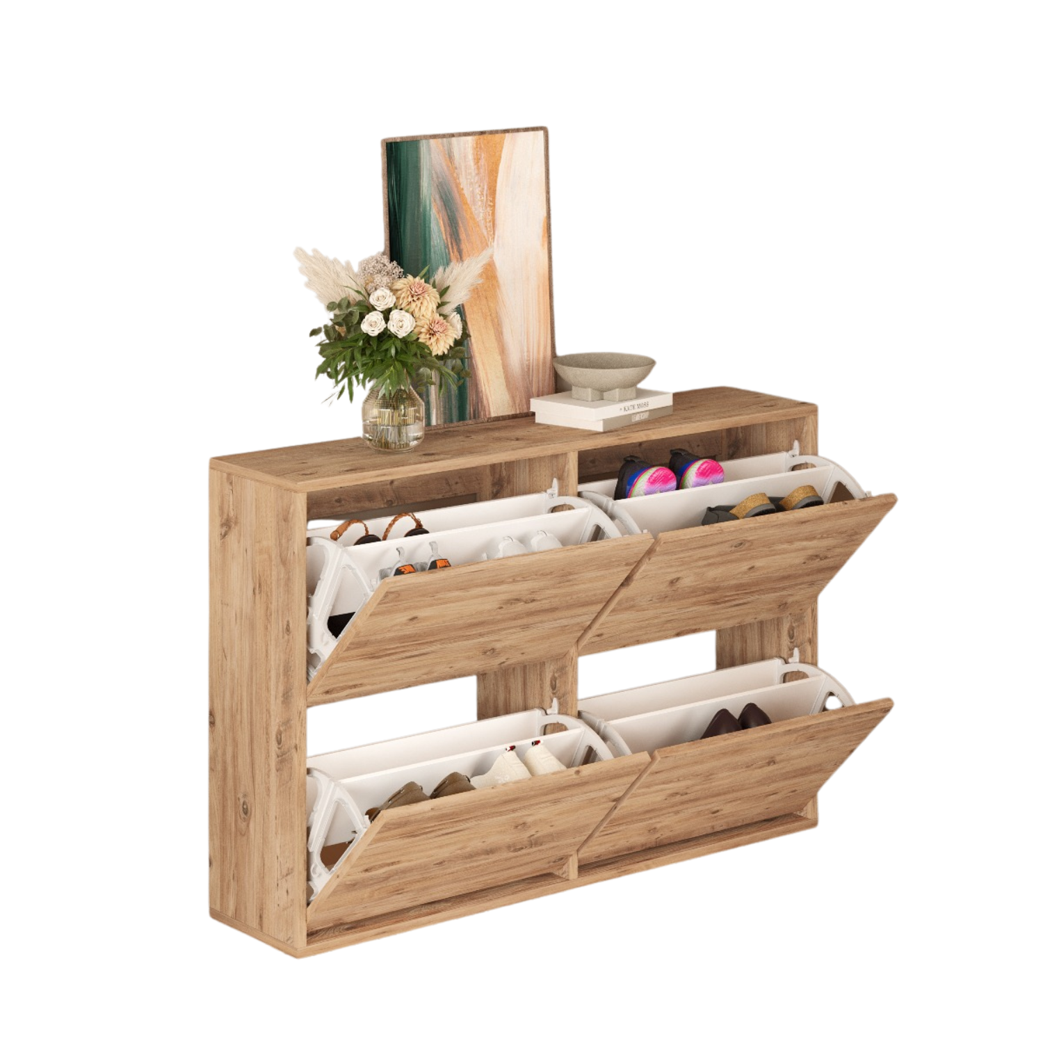 Pantofar cu 4 compartimente, capacitate pana la 16 perechi pantofi, mobilier hol, design slim, organizator pantofi, dimensiuni 117, 5 x 27 x 79 cm, structura rezistenta, aspect modern, maro
