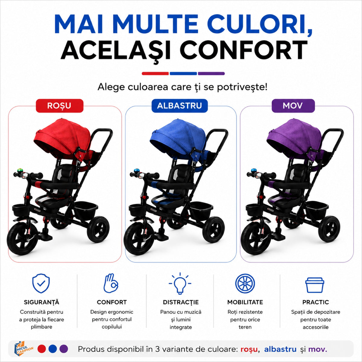 Tricicleta Copii Invincio Micul Campion Explorer, Scaun Reversibil 360°, Lumini si Muzica, Copertina anti ploaie si soare Extensibila si detasabila, Maner Parental, Roti EVA confort, Cos Depozitare, Bara Protectie, 2-5 Ani, Max. 35 Kg, Albastra