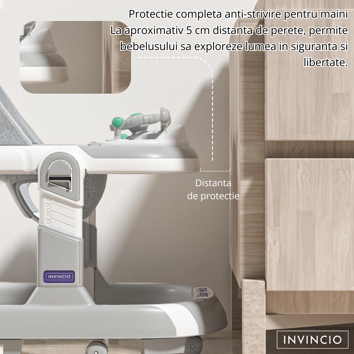 Premergator 4 in 1 INVINCIO First Steps, copii 6-24 luni, Jucarii Motricitate Interactive, Mod Antemergator, roti silentioase, sistem anti-rasturnare, pliabil si ajustabil pe inaltime in 4 nivele, greutate maxima 30 kg, gri