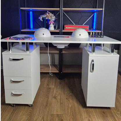 Masa manichiura profesionala INVINCIO™ Elegant Nails, cu aspirator praf silentios, dimensiuni 120x45x76 cm, 3 sertare, dulap lateral cu 3 rafturi, roti pivotante, blat hipoalergenic, alb