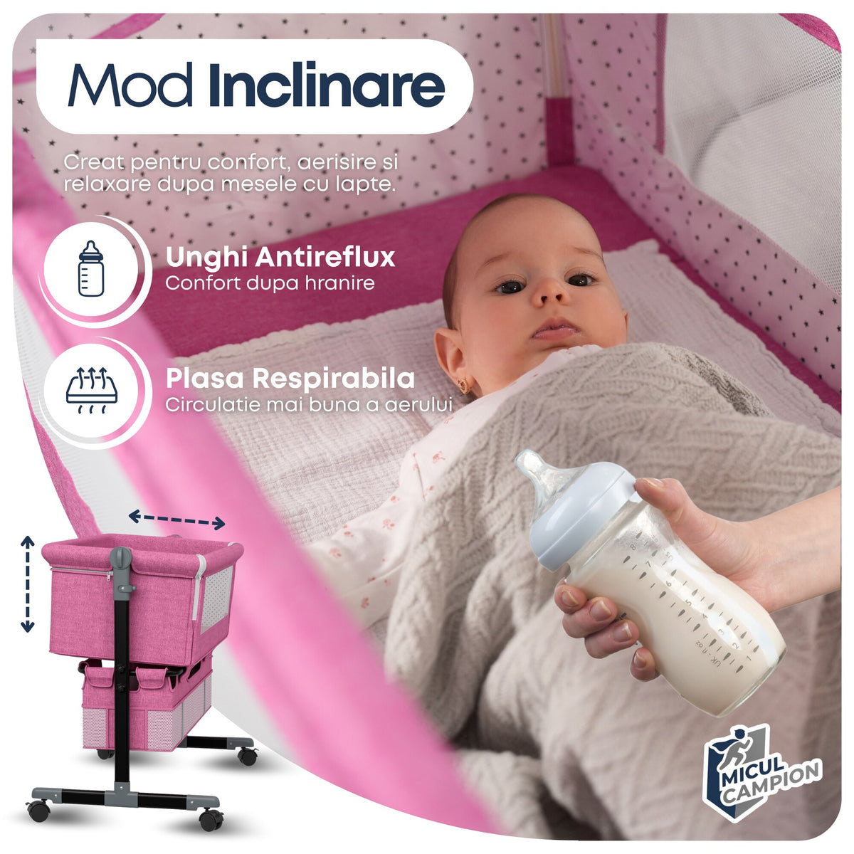 Pat nou-nascut Invincio Dream, Patut bebelus pliabil si portabil, Functie Co-Sleeper si Leganare, Saltea si plasa anti-tantari incluse, Inaltime Reglabila 2 Pozitii si inclinare anti-reflux, Cos Depozitare, Roti cu Blocare, 95×60×80cm, Pana la 15kg, Roz