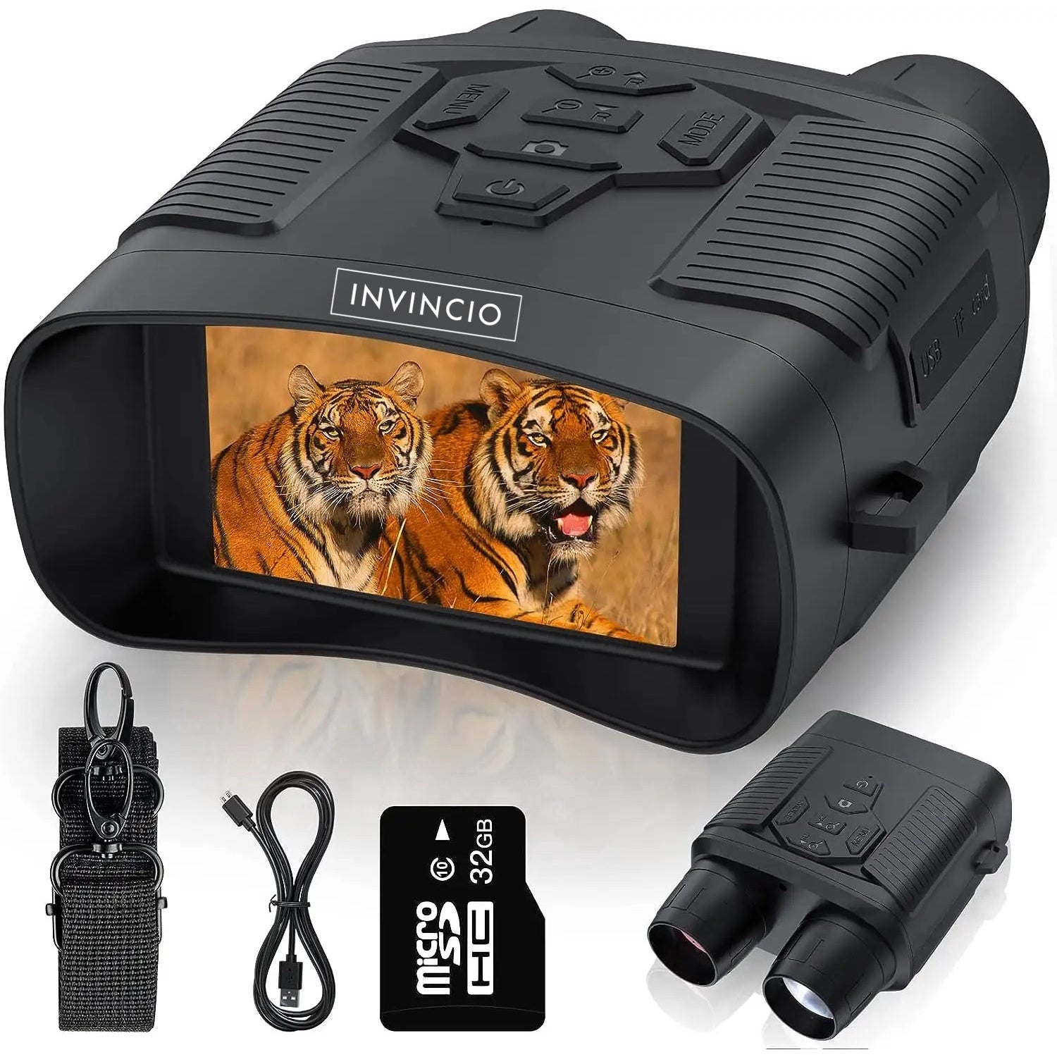 Binoclu cu vedere noctura Invincio Pro, resolutie 4K, functie foto 36 mpx, suport SD card 256 gb compatibil, display LCD 3 inch color, zoom digital 5x, inflarosu pe 7 nivele, camp vizual 300 de m, autonomie 12h, portabil, negru