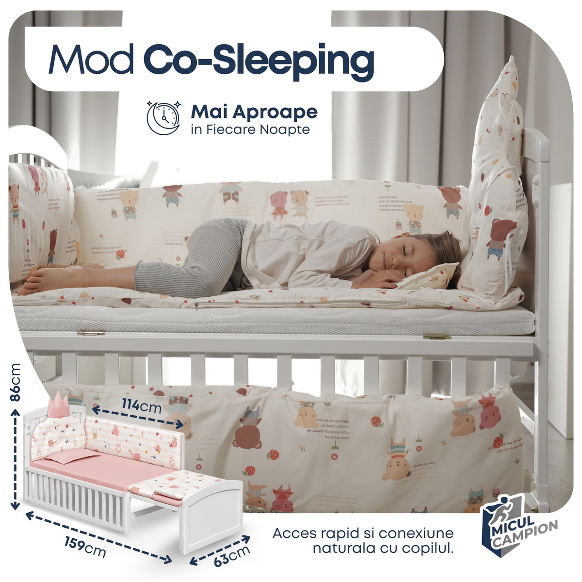 Patut 3 in 1 Invincio Vise Frumoase, pat bebelusi 0-2 ani, extensibil pentru copii 2-6 ani, Birou 6 ani+, Saltea Perna si Protectii Incluse, Plasa anti-tantari, Laterala culisanta pentru co-sleep langa patul parintilor, Balansoar, roti, alb-roz