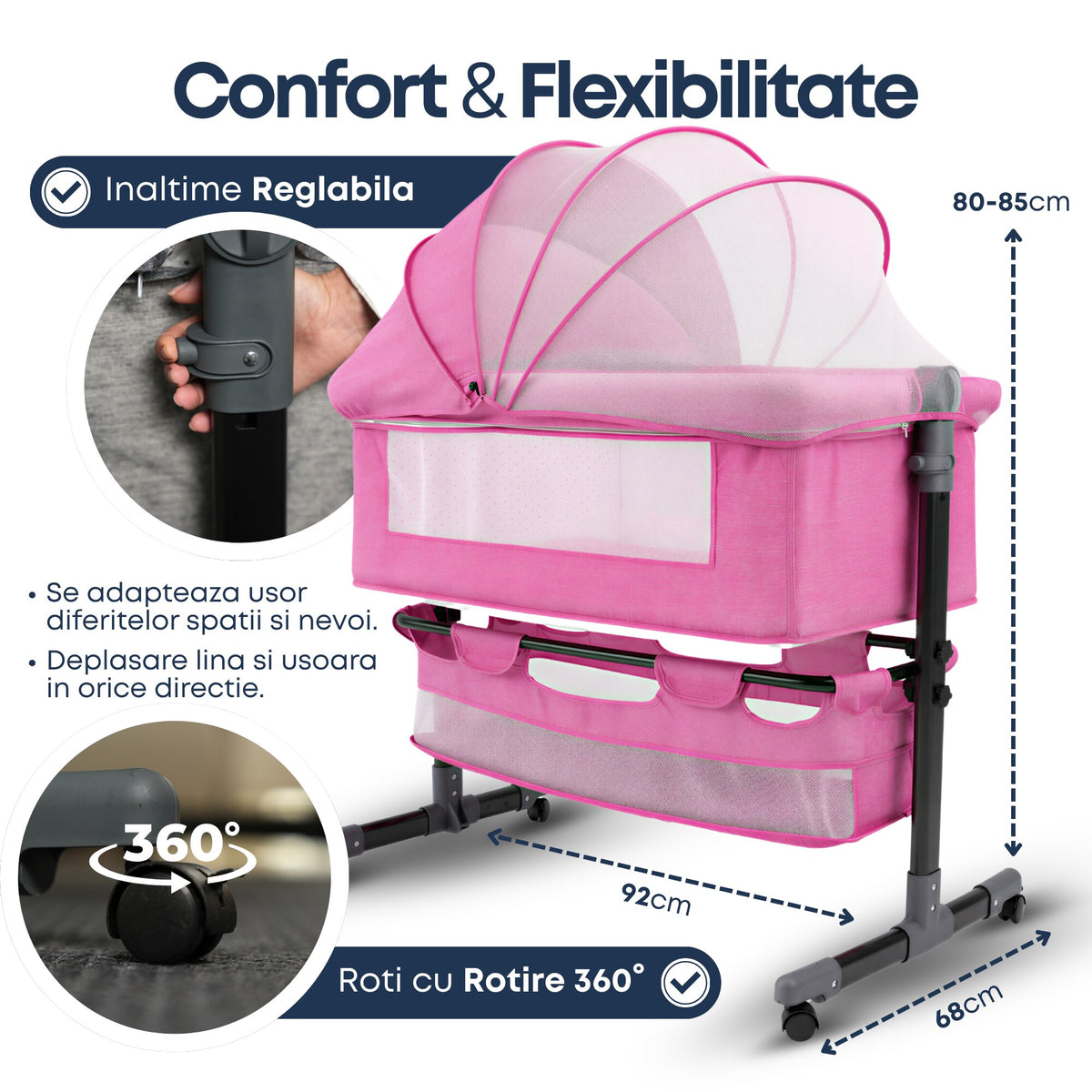 Pat nou-nascut Invincio Dream, Patut bebelus pliabil si portabil, Functie Co-Sleeper si Leganare, Saltea si plasa anti-tantari incluse, Inaltime Reglabila 2 Pozitii si inclinare anti-reflux, Cos Depozitare, Roti cu Blocare, 95×60×80cm, Pana la 15kg, Roz