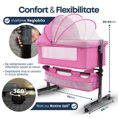 Pat nou-nascut Invincio Dream, Patut bebelus pliabil si portabil, Functie Co-Sleeper si Leganare, Saltea si plasa anti-tantari incluse, Inaltime Reglabila 2 Pozitii si inclinare anti-reflux, Cos Depozitare, Roti cu Blocare, 95×60×80cm, Pana la 15kg, Roz