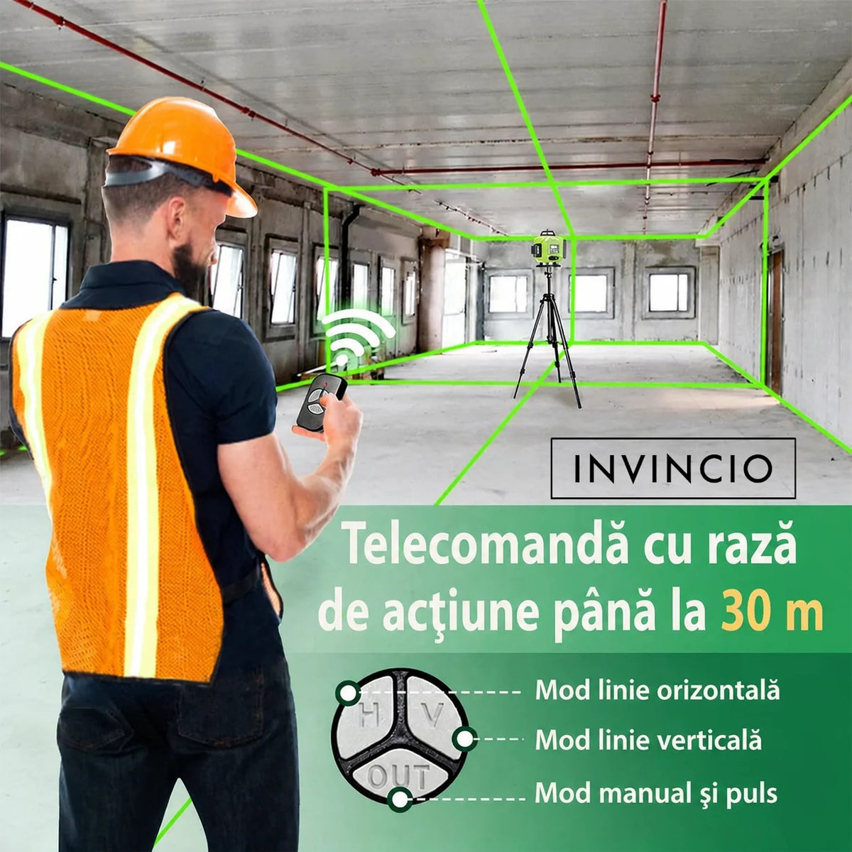 Nivela cu laser verde INVINCIO 4D cu telecomanda, 16 linii orizontal, vertical, perimetral, trepied si prindere magnetica, cumpana uz interior si exterior, auto-nivelare +/-3grade, rotire 360 grade, 2 acumulatori de schimb