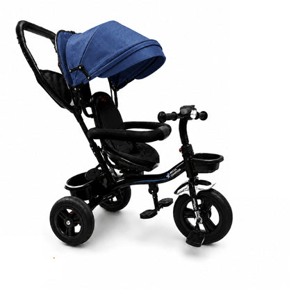 Tricicleta Copii Invincio Micul Campion Explorer, Scaun Reversibil 360°, Lumini si Muzica, Copertina anti ploaie si soare Extensibila si detasabila, Maner Parental, Roti EVA confort, Cos Depozitare, Bara Protectie, 2-5 Ani, Max. 35 Kg, Albastra