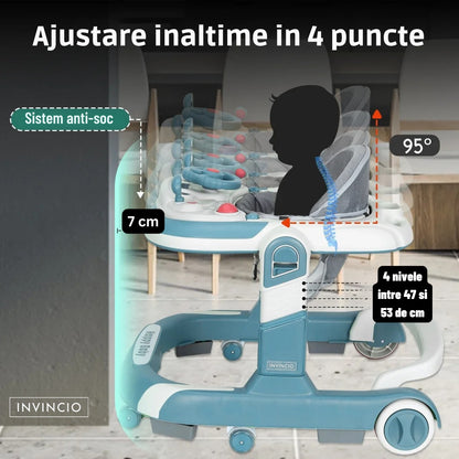 Premergator 4 in 1 INVINCIO First Steps, copii 6-24luni, Jucarii Motricitate Interactive, Mod Antemergator, roti silentioase, sistem anti-rasturnare, pliabil si ajustabil pe inaltime in 4 nivele, greutate maxima 30 kg, albastru